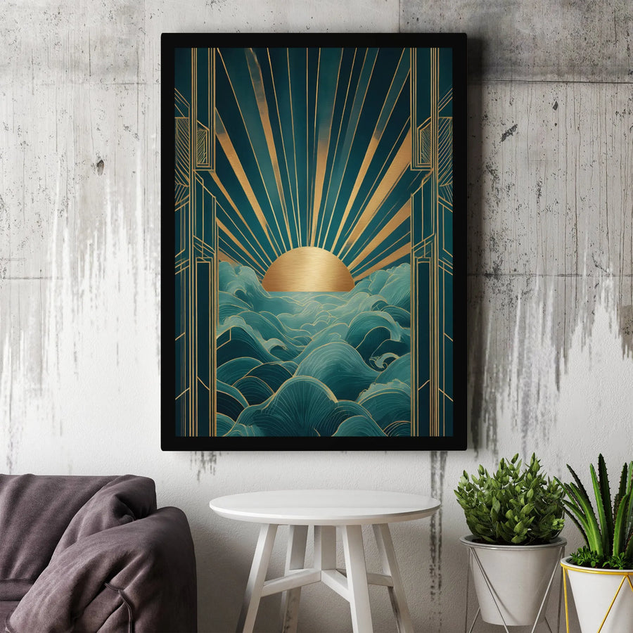 Art Deco Canvas Wall Art | Geometric Golden Sunburst Over Ocean Waves | Premium Thick Gallery Wrap | Modern Home Decor Gift