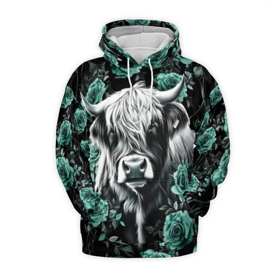 Highland Cow Hoodie | Floral Teal Rose All-Over Print | Premium Brushed Fleece Lining | Unique Farmhouse Aesthetic Gift for Her