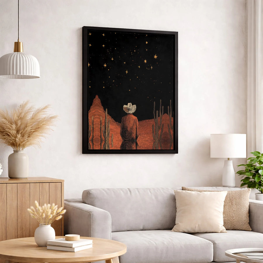 Cowboy Stargazing Canvas Wall Art | Western Desert Night Landscape | Premium 1.25 Inch Gallery Wrap | Southwestern Home Decor Gift
