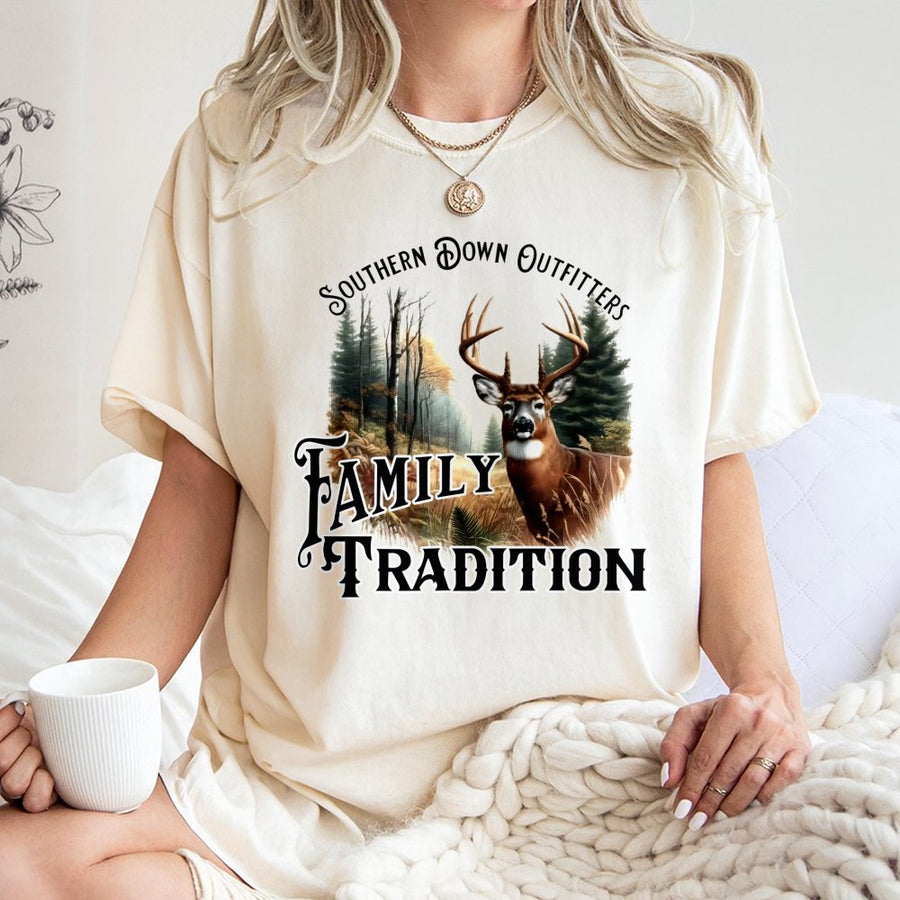 Hunting T-Shirt Family Tradition | Majestic Buck Wildlife Graphic | Premium 100% Cotton Apparel | Gift for Deer Hunters and Outdoorsmen