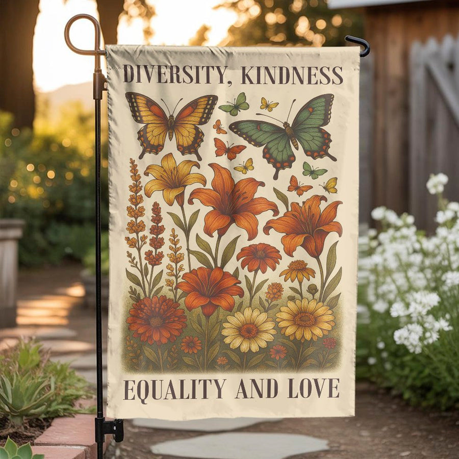 Diversity Kindness Equality Love Garden Flag | Boho Wildflower Floral Banner | Premium Weather-Resistant Polyester | Inspiring Social Justice Outdoor Decor Gift