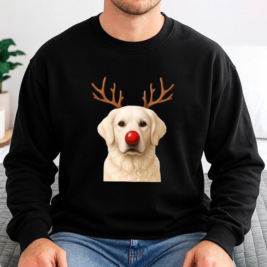 Christmas Golden Retriever Sweatshirt | Reindeer Antlers and Red Nose Graphic | Cotton Blend Premium Crewneck | Funny Dog Lover Holiday Gift