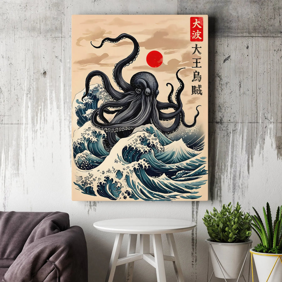 Japanese Octopus Canvas Wall Art | Kraken Great Wave Ukiyo-E Print | Gallery Quality 1.25 Inch Profile | Premium Home Decor Gift