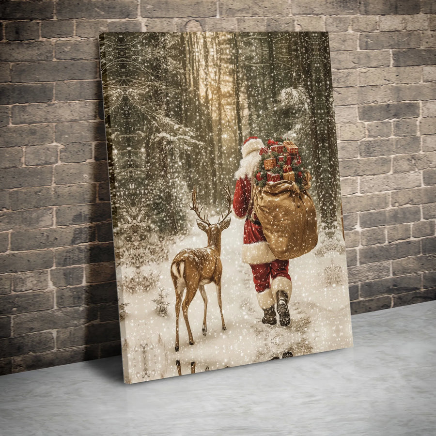 Santa Claus With Reindeer Canvas Wall Art | Snowy Winter Forest Scene | Gallery Quality Fade-Resistant Print | Festive Holiday Home Decor Gift