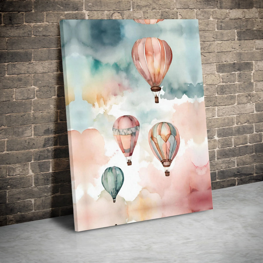 Hot Air Balloon Wall Art | Watercolor Pastel Clouds Print | Premium Gallery Wrapped Canvas | Nursery & Living Room Decor Gift
