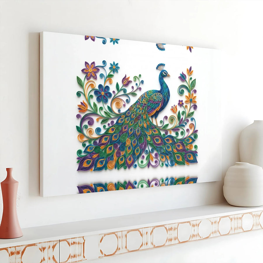 Peacock Canvas Wall Art | Intricate 3D Quilling Style Print | Premium Gallery Wrapped Canvas | Unique Living Room Decor Gift