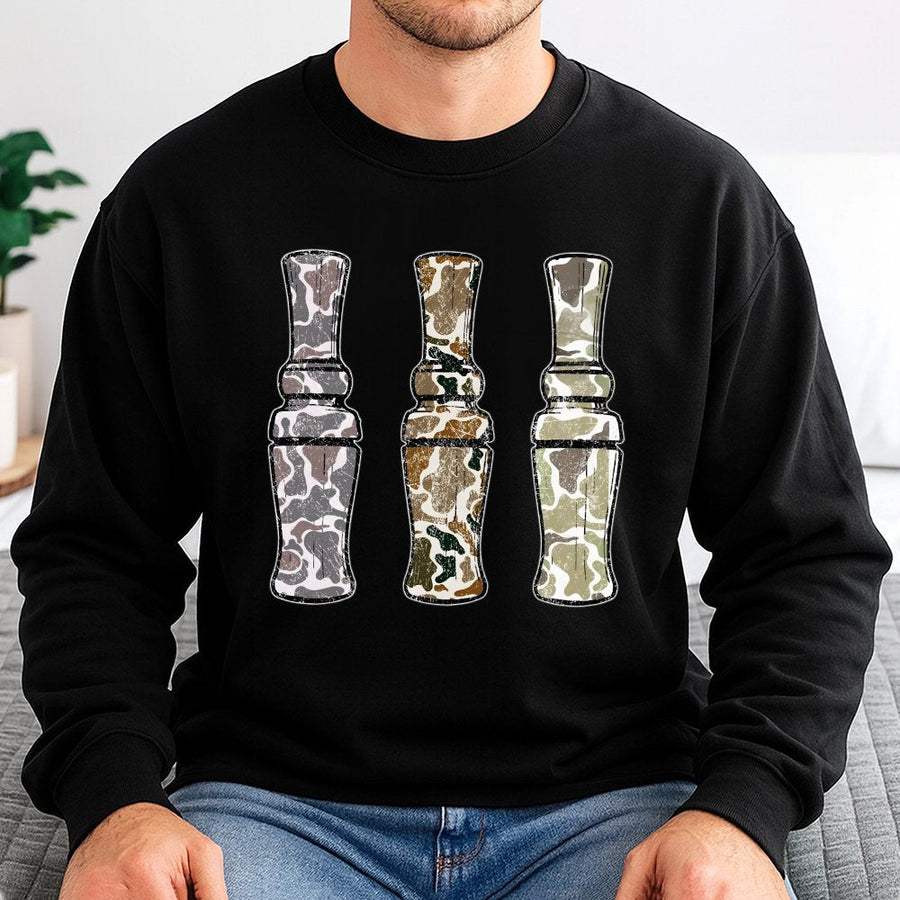 Duck Call Hunting Sweatshirt | Retro Camo Design Graphic | Premium Cotton Blend | Gift for Duck Hunter Outdoorsman