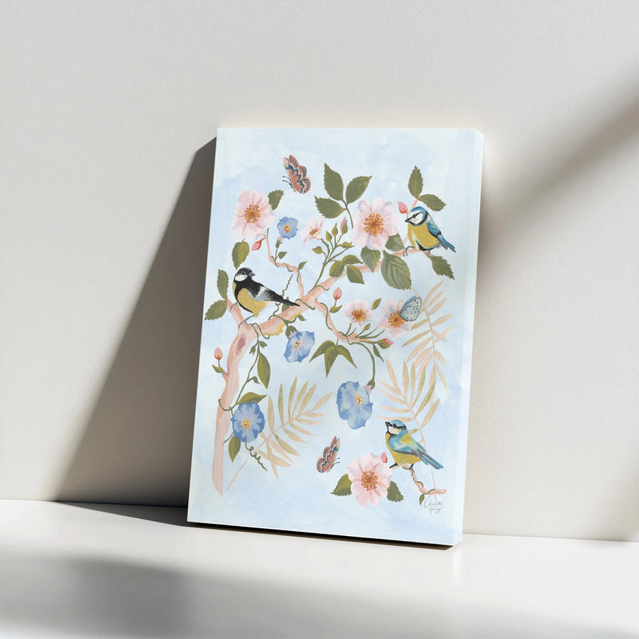 Chinoiserie Bird Canvas Print | Vintage Botanical Flower and Butterfly Art | Premium Gallery Wrapped Canvas | Cottagecore Living Room Wall Decor Gift