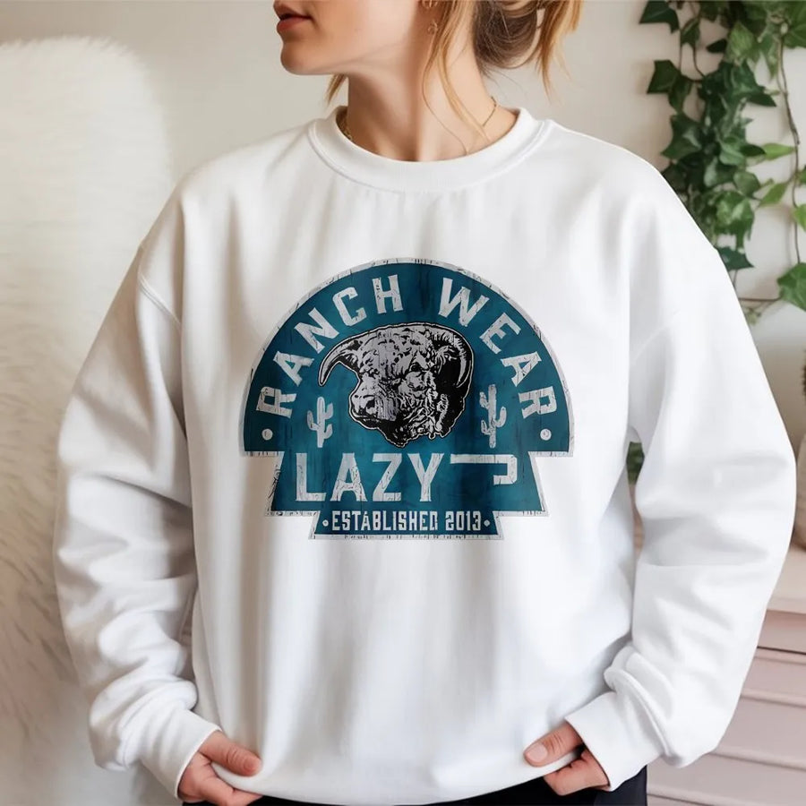 Lazy J Ranch Wear Sweatshirt | Vintage Hereford Bull & Cactus Graphic | 100% Cotton | Western Cowboy Farmer Gift