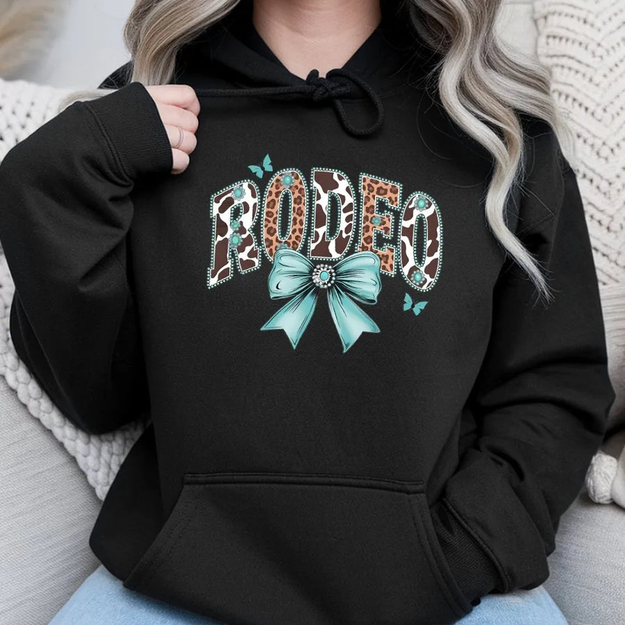 Western Rodeo Hoodie | Coquette Bow with Cowhide & Leopard Print | Premium Cotton Tee | Gift for Country Girl