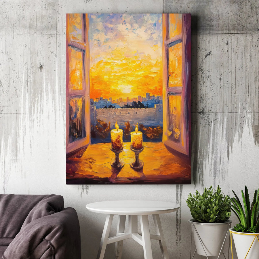 Shabbat Candles Wall Art | Jerusalem Sunset Impressionist Canvas | Premium Gallery-Wrapped Print | Judaica Home Decor Gift