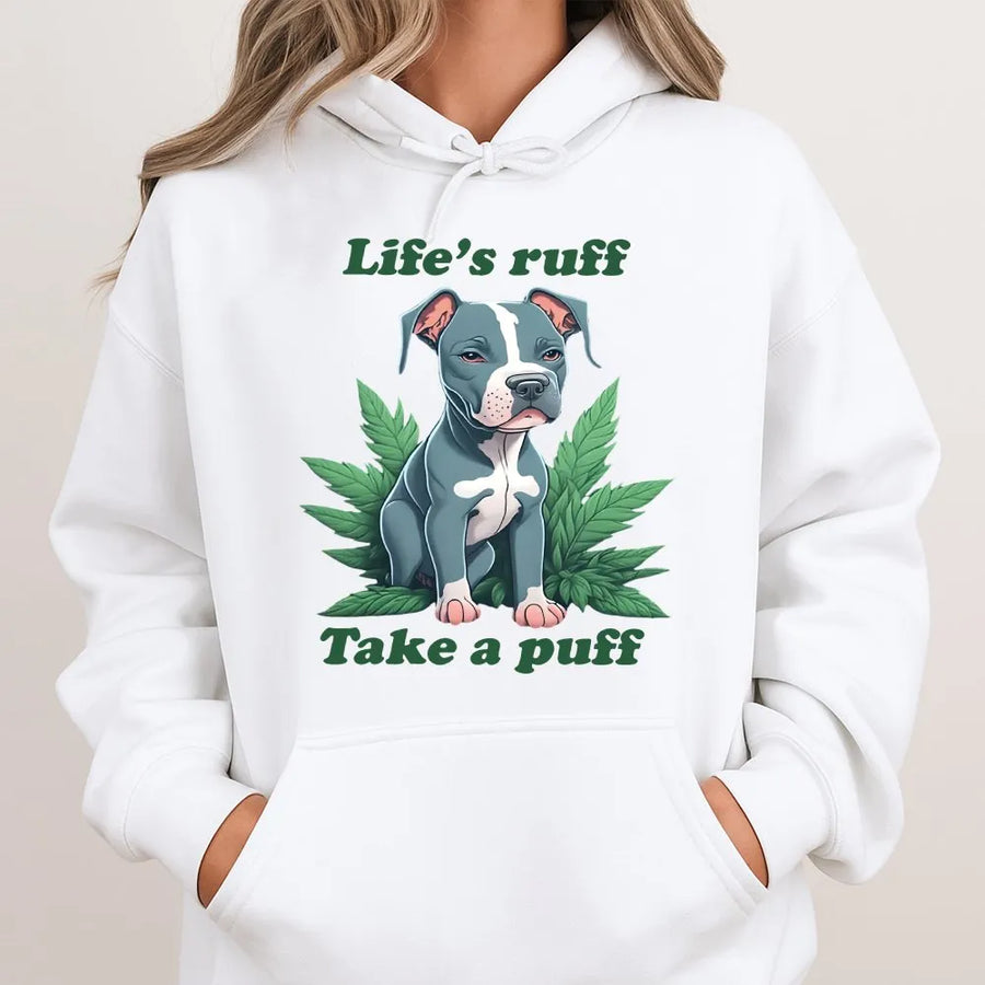 Funny Pitbull Hoodie | Life's Ruff Take a Puff Graphic Crewneck | Soft Cotton Blend | Unique Stoner Gift for Dog Dad