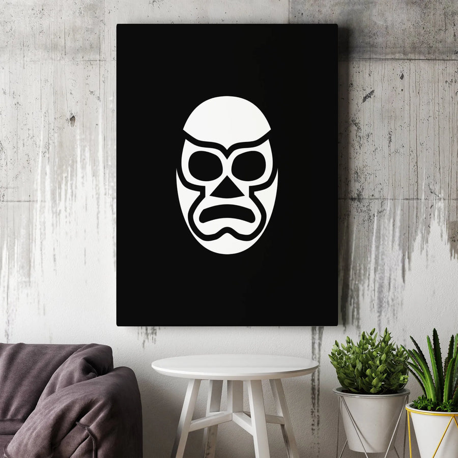 Luchador Mask Wall Art | Minimalist Black and White Mexican Wrestling Icon | Premium Gallery Canvas | Unique Decor for Wrestling Fans