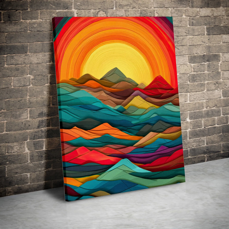 Abstract Mountain Canvas Wall Art | Colorful Layered Landscape with Sun | 1.25-Inch Gallery Wrap | Modern Home Decor Gift