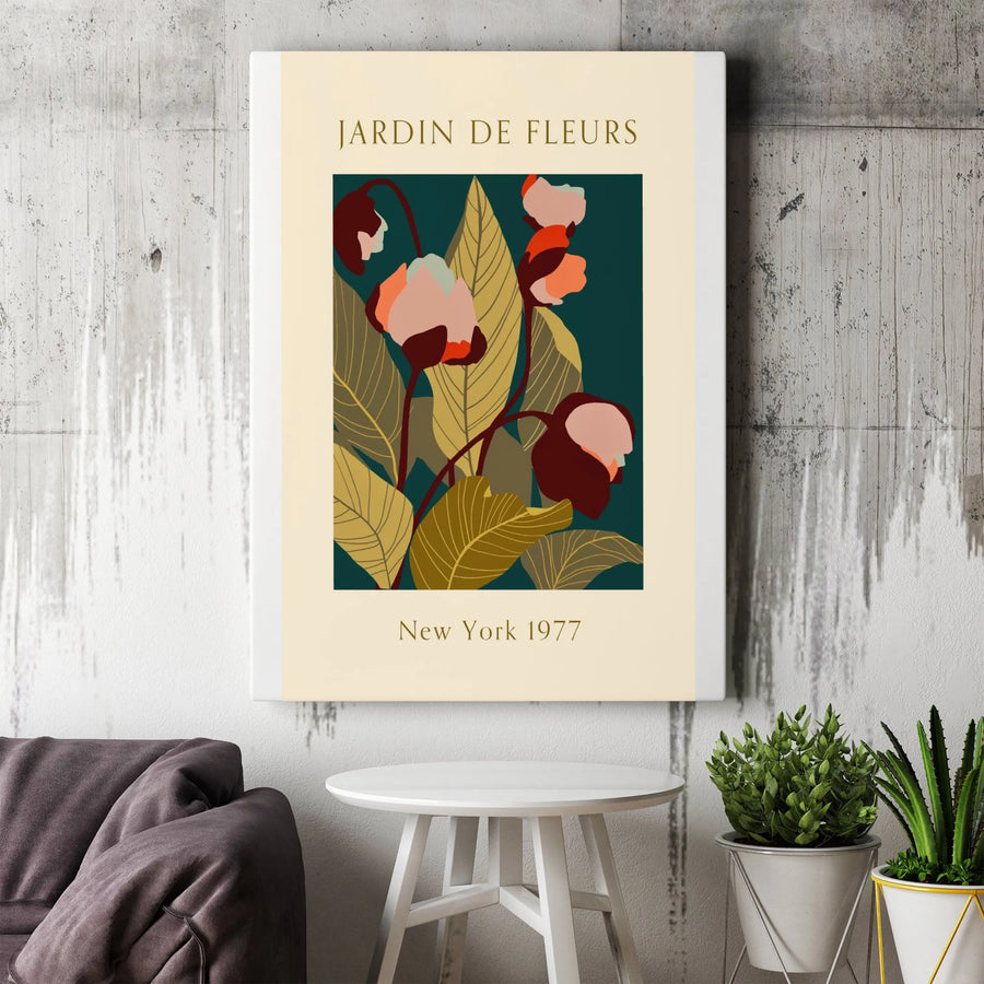 Jardin de Fleurs Canvas Wall Art | Retro 1977 New York Exhibition Poster Style | Premium Thick 1.25" Profile | Modern Home Decor Gift