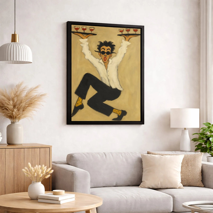 Whimsical Waiter Wall Art | Funny Restaurant Server Carrying Wine | Premium Gallery Wrapped Canvas | Perfect Gift for Wine Lovers