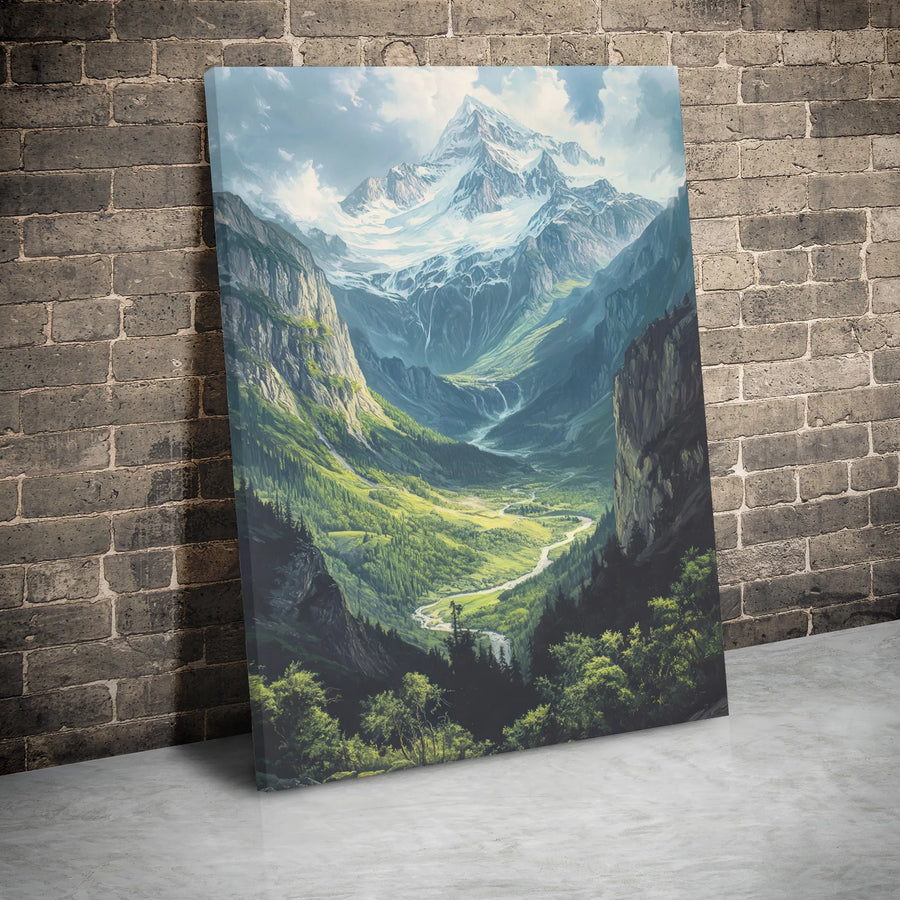 Mountain Landscape Canvas Print | Snow Capped Peaks & Green River Valley | Premium 1.25 Inch Gallery Wrap | Nature Wall Art for Home Office Decor
