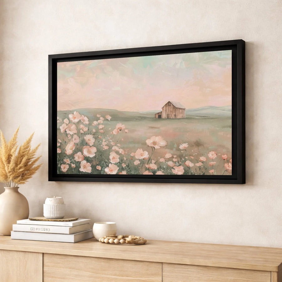 Pastel Barn Canvas Wall Art | Wildflower Meadow Landscape Painting | Premium Gallery Wrapped Decor | Soft Aesthetic Home Gift