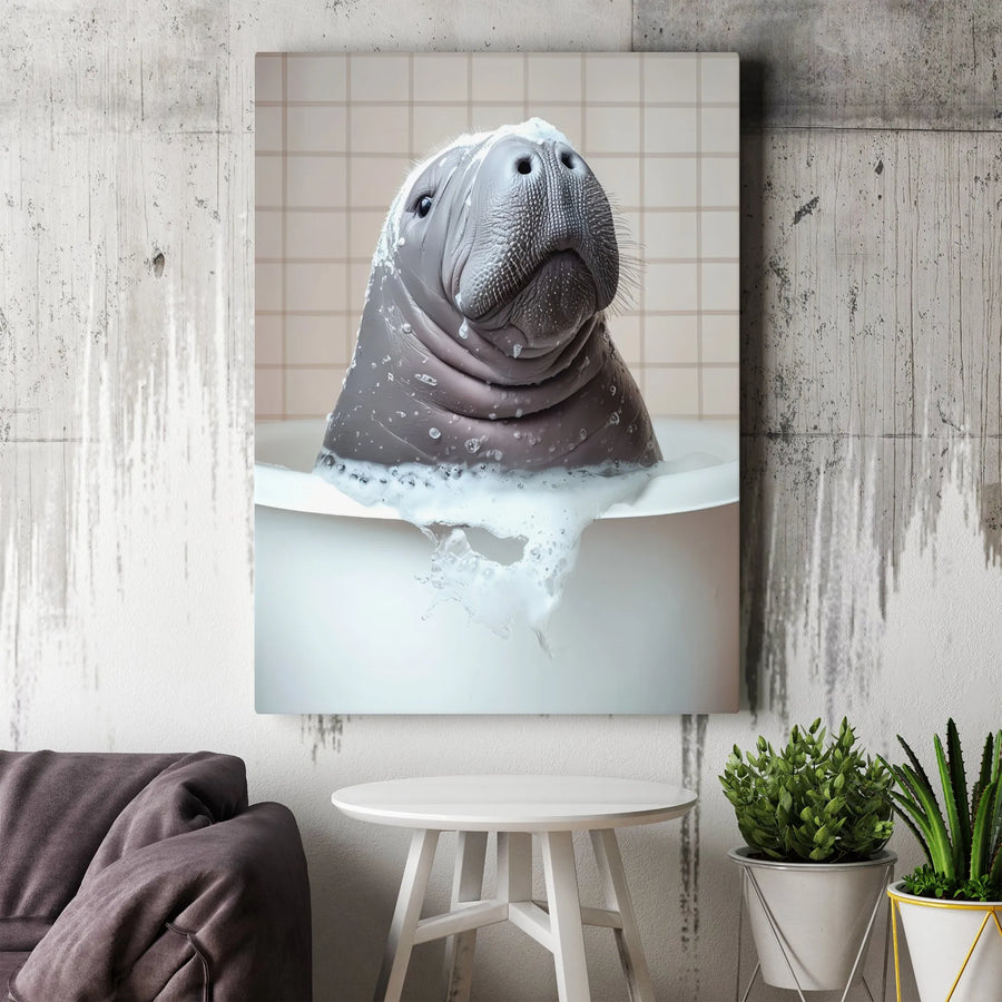 Funny Manatee Canvas Wall Art | Bubble Bath Animal Portrait | Premium Gallery Wrap Decor | Unique Bathroom Gift for Ocean Lovers