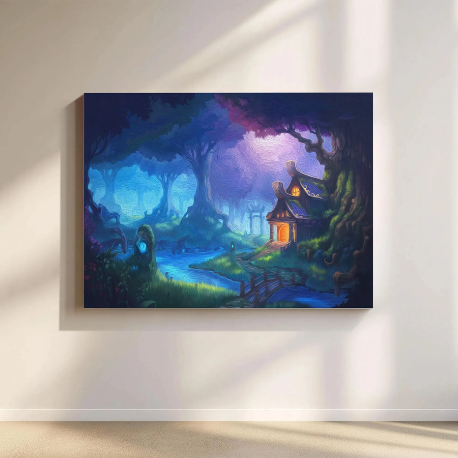 Enchanted Forest Canvas Print | Glowing Cottage Fantasy Art | Premium 1.25 Inch Thick Gallery Wrap | Whimsical Nature Home Decor Gift