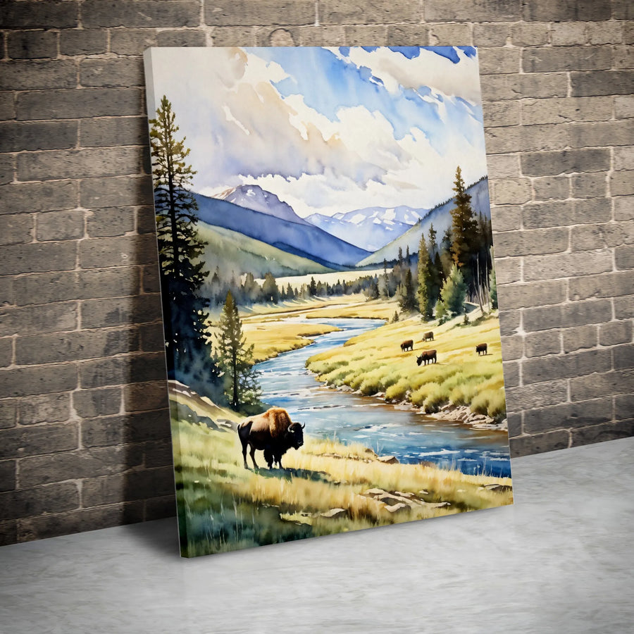 Bison Wall Art | Mountain Valley Landscape Watercolor Print | 1.25-Inch Premium Gallery Canvas | Rustic Nature Home Decor Gift