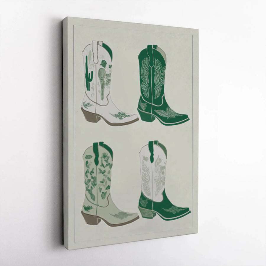 Western Cowboy Boots Canvas Print | Sage Green Cactus Boho Wall Art | Premium Gallery Wrapped Decor | Southwestern Farmhouse Home Gift
