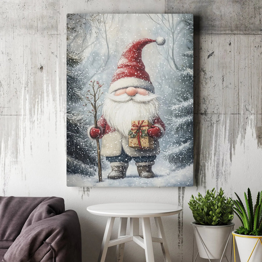 Christmas Gnome Canvas Wall Art | Snowy Winter Forest Scene | Premium Fade-Resistant Print | Holiday Home Decor Gift for Family