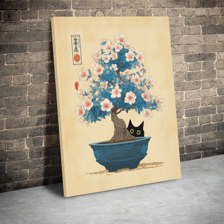 Black Cat Bonsai Tree Wall Art | Japanese Ukiyo-E Inspired Canvas | 1.25" Gallery Wrap Premium Print | Whimsical Home Decor Gift for Cat Lovers