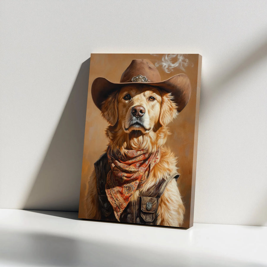 Cowboy Golden Retriever Canvas Wall Art | Funny Western Dog Portrait | Premium High-Resolution Print | Unique Decor Gift for Dog Lovers