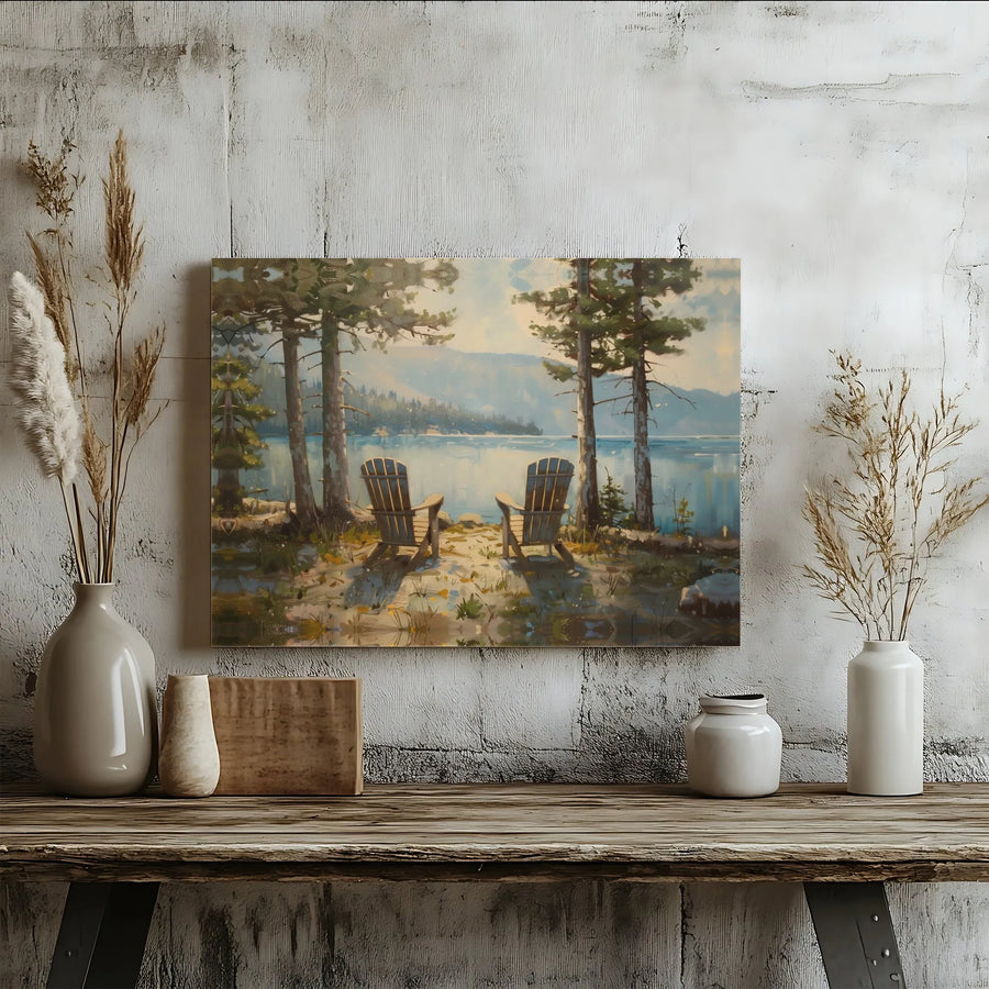 Lakeside Adirondack Chairs Canvas Print | Rustic Nature Landscape Wall Art | Premium 1.25" Gallery Wrap | Calming Home Decor Gift