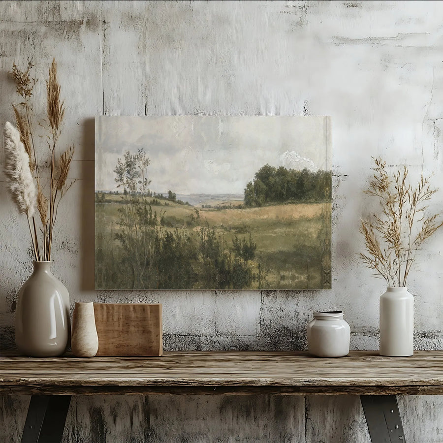 Vintage Countryside Landscape Canvas Wall Art | Moody Pastoral Meadow Print | Gallery-Quality 1.25-Inch Profile | Farmhouse Home Decor Gift