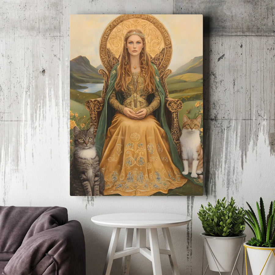 Celtic Queen Wall Art | Fantasy Princess Portrait With Cats | Premium Gallery Canvas | Gift For Cat Lovers And Fantasy Art Collectors