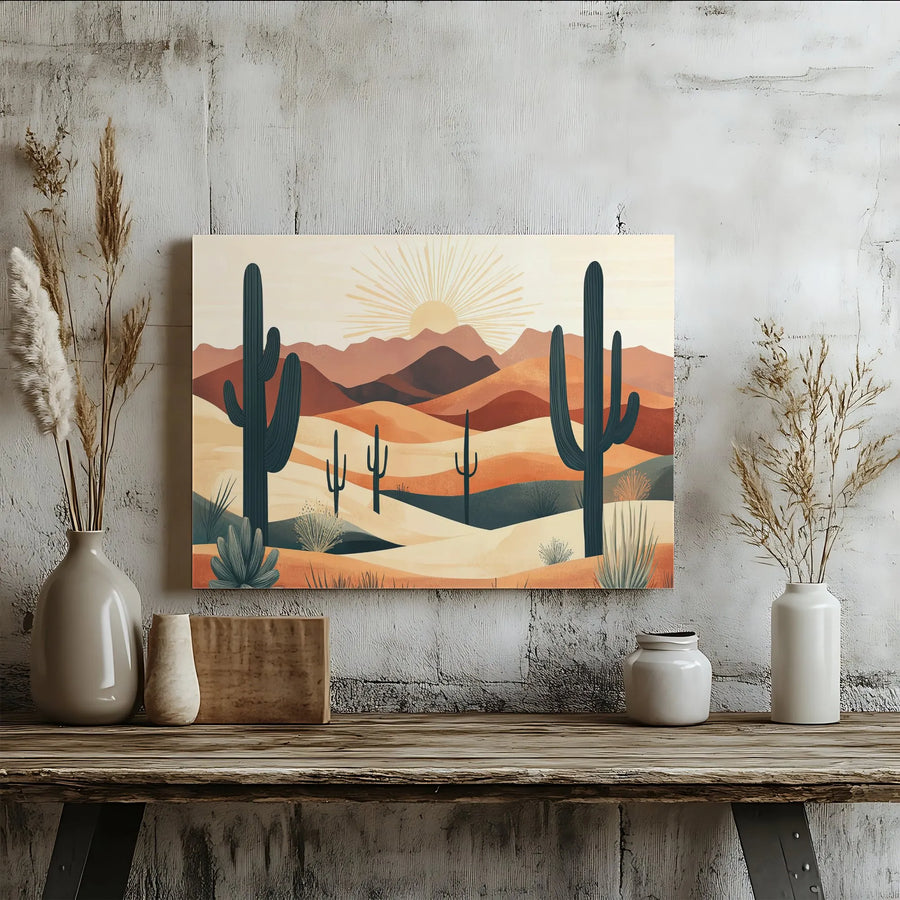 Southwestern Desert Canvas Wall Art | Modern Cactus Mountain Print | Premium Gallery Quality Canvas | Boho Living Room Decor Gift