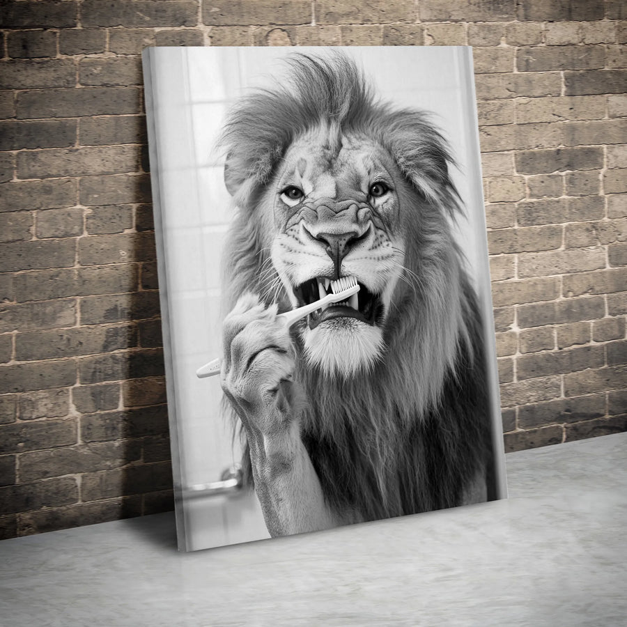 Lion Brushing Teeth Wall Art | Funny Animal Bathroom Decor | Gallery Quality Premium Canvas | Unique Gift for Kids and Animal Lovers