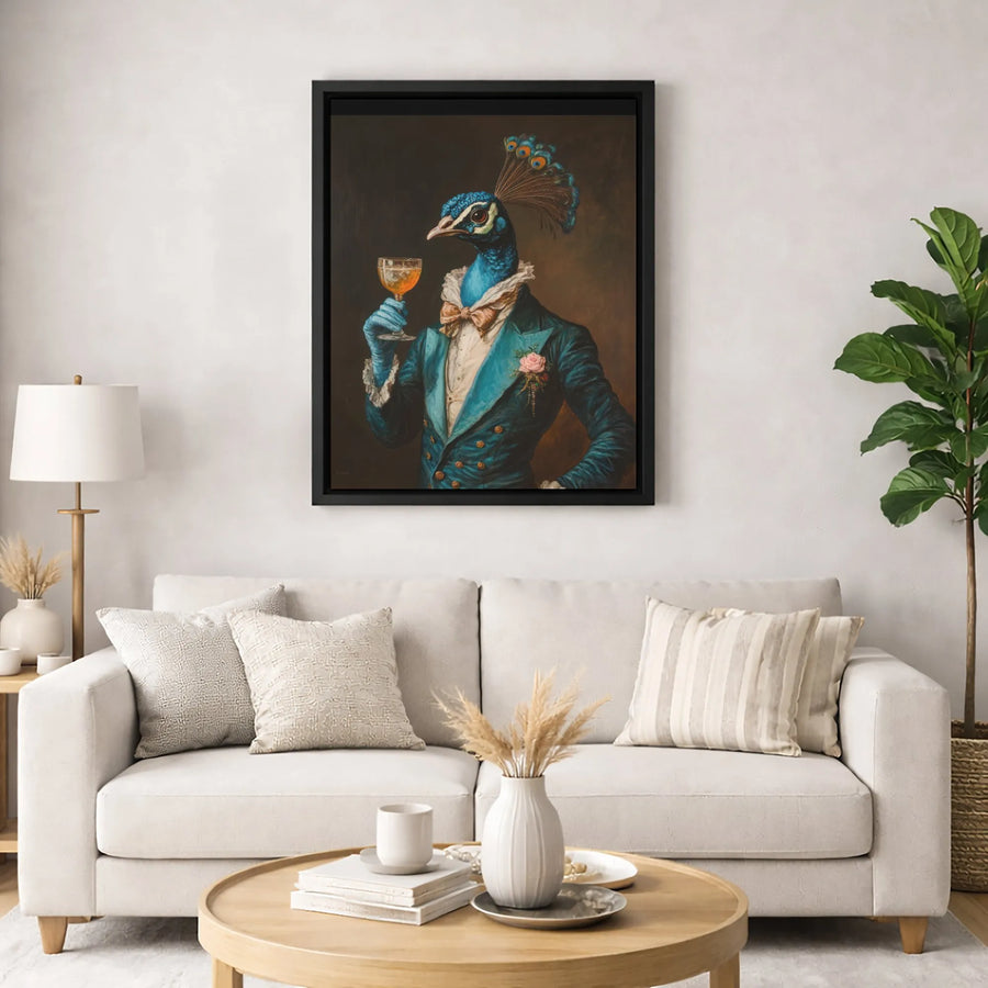 Dapper Peacock Wall Art | Sophisticated Gentleman Bird Portrait | Gallery-Quality Canvas Print | Unique Maximalist Home Decor Gift
