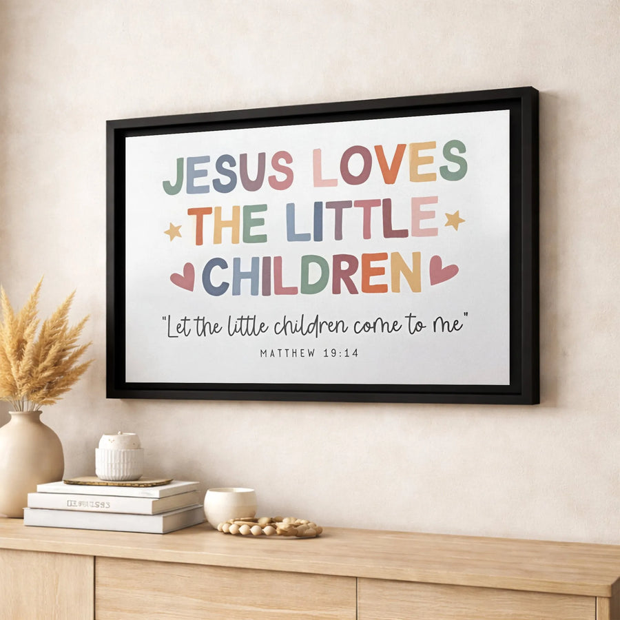 Jesus Loves The Little Children Wall Art | Colorful Matthew 19:14 Scripture Print | Premium Gallery Wrap Canvas | Christian Nursery Decor Gift