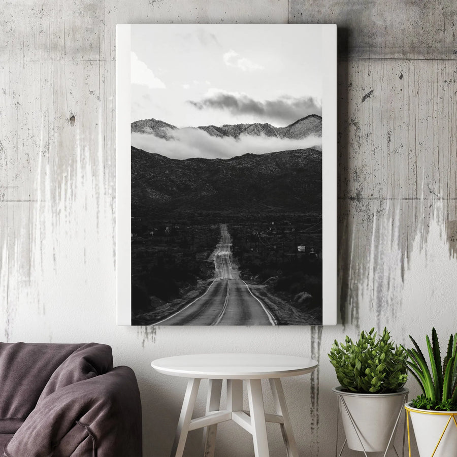 Mountain Road Canvas Print | Moody Black and White Road Art | Premium Fade-Resistant Print | Modern Living Room Wall Decor