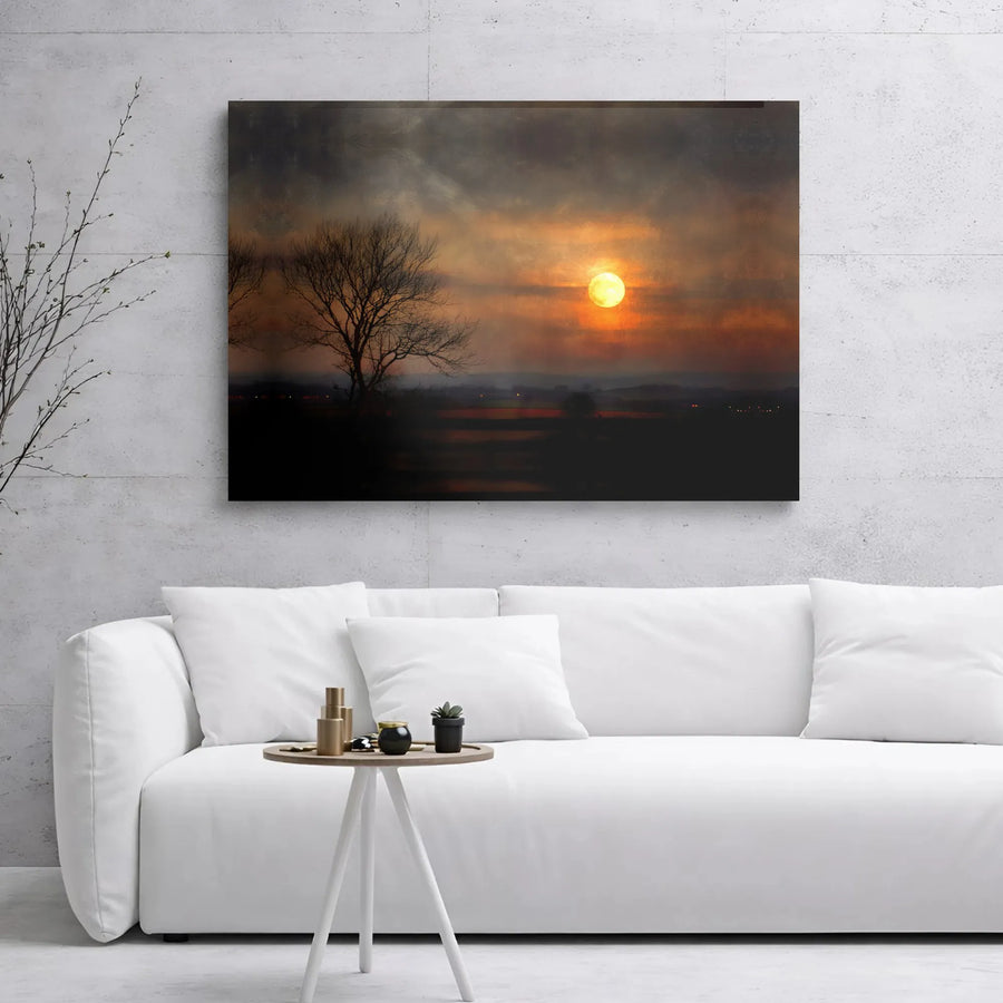 Sunset Landscape Canvas Wall Art | Moody Silhouetted Tree Glowing Sun Print | Premium Gallery Wrapped Canvas | Minimalist Home Decor Gift