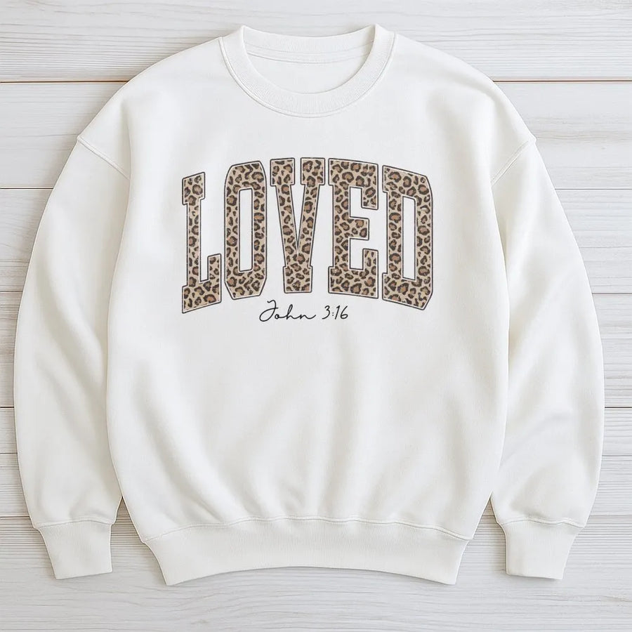 Loved John 3:16 Sweatshirt | Leopard Print Varsity Lettering | Premium Cotton Blend | Christian Faith Gift for Her
