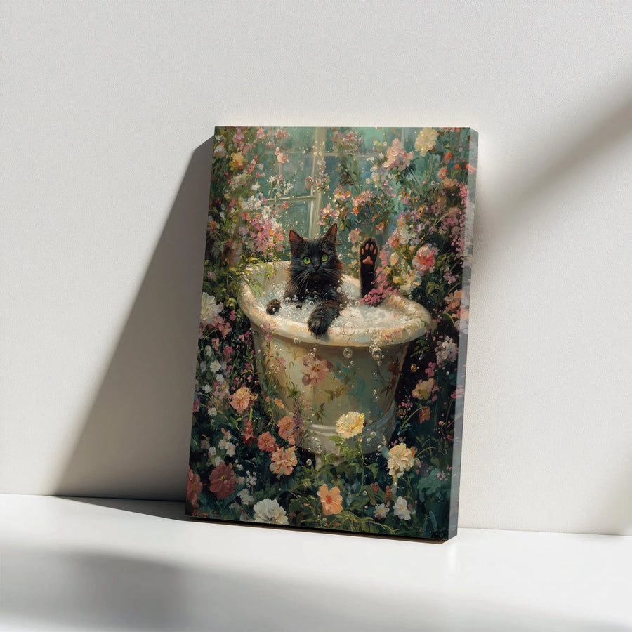 Black Cat Canvas Wall Art | Whimsical Cat in Floral Bathtub Painting | Premium Gallery Quality Print | Unique Gift for Cat Lovers & Bathroom Decor