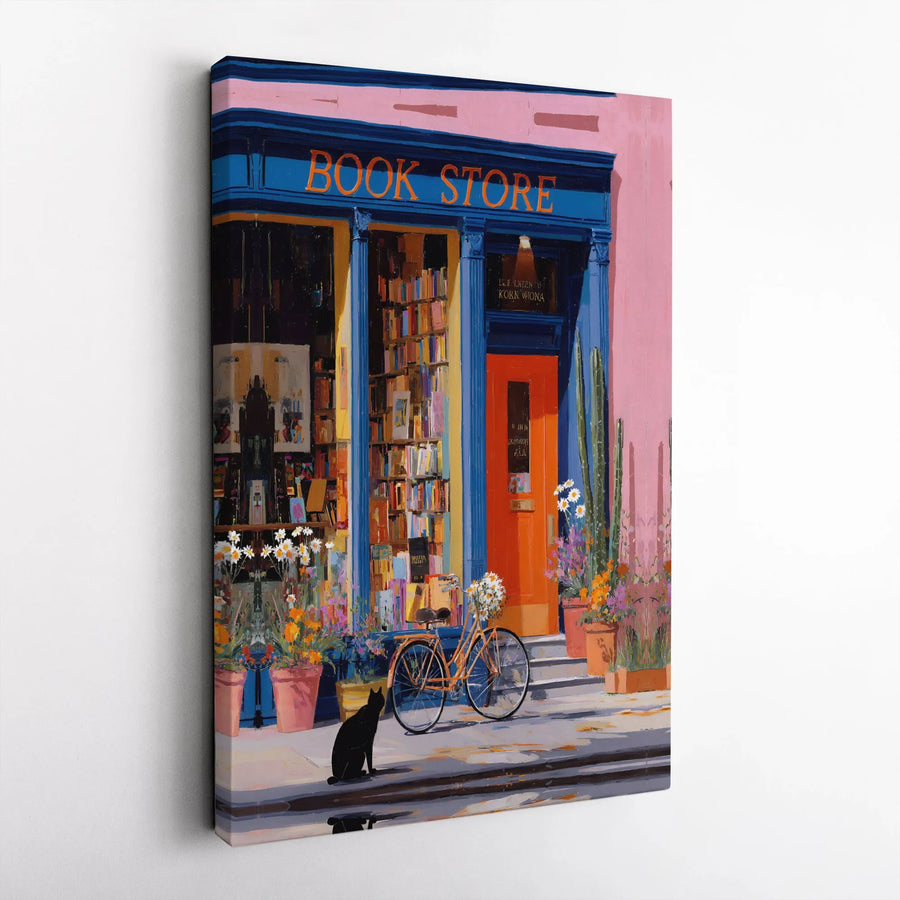 Bookstore Canvas Wall Art | Whimsical Paris Street Scene with Black Cat | Premium Gallery Wrap Print | Gift for Book Lovers & Bibliophiles