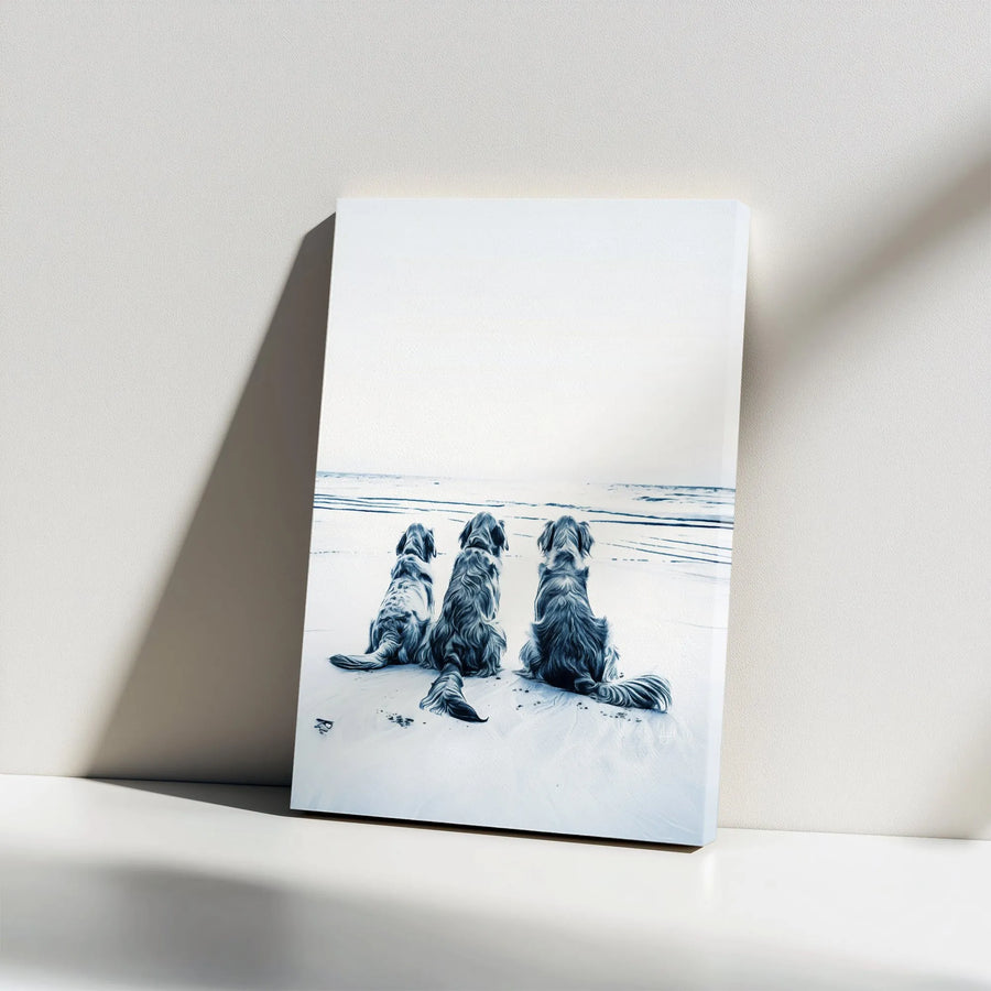Three Dogs On Beach Canvas Wall Art | Serene Coastal Painting | Premium Gallery Wrap Print | Thoughtful Gift For Dog Lovers & Pet Owners