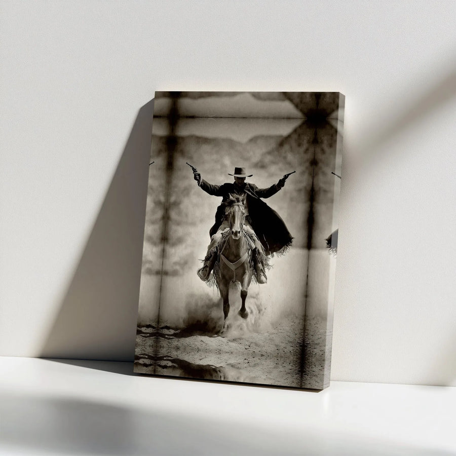 Western Cowboy Canvas Print | Vintage Gunslinger on Horseback Art | Gallery Quality Thick Canvas | Rustic Man Cave Decor Gift for Men