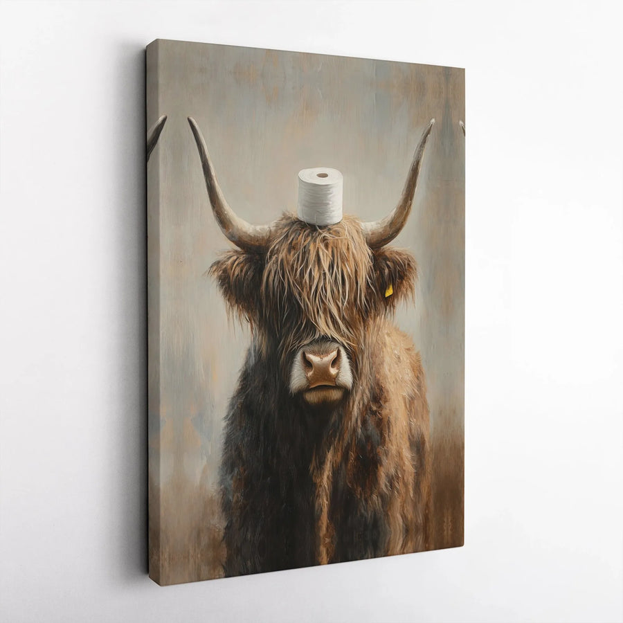 Highland Cow Bathroom Wall Art | Funny Toilet Paper Roll Painting | Gallery Wrapped Premium Canvas | Whimsical Farmhouse Home Decor Gift