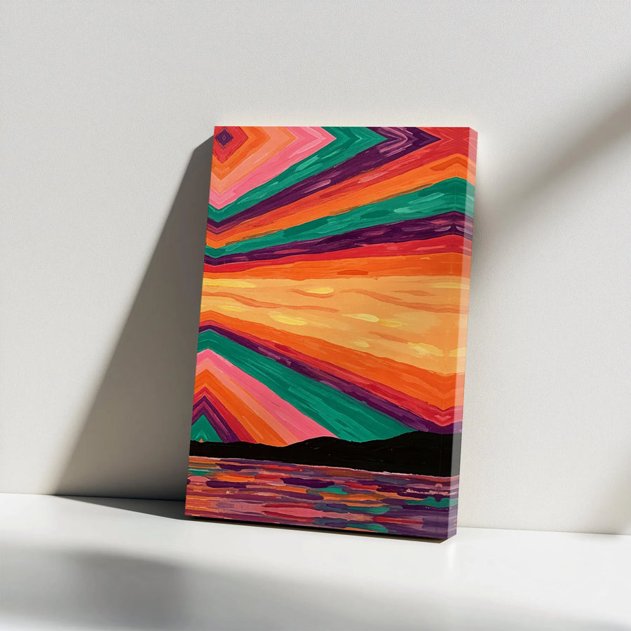 Abstract Sunset Canvas Wall Art | Vibrant Geometric Landscape Print | Premium Thick Gallery Wrapped Canvas | Modern Wall Art for Living Room Decor