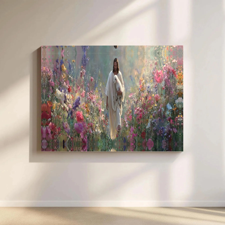 Jesus and Lamb Canvas Print | Walking in Wildflower Meadow Art | Premium Gallery Quality Canvas | Christian Home Decor Religious Gift