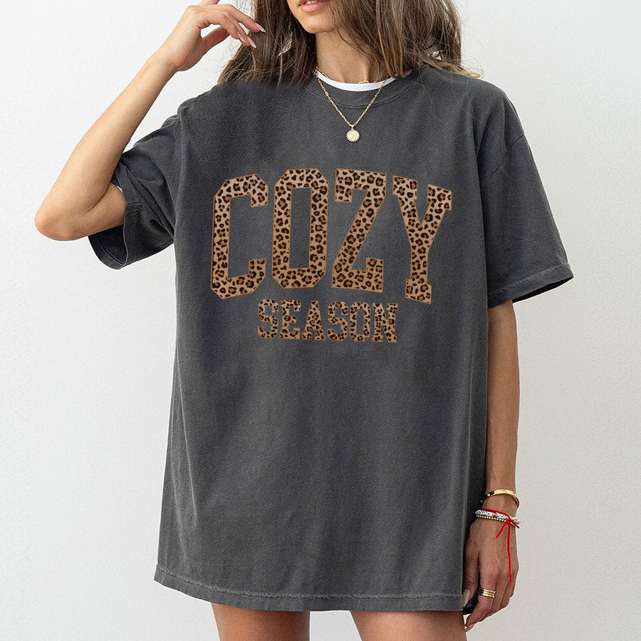 Cozy Season T-Shirt | Leopard Print Varsity Letter Graphic | Premium 100% Cotton | Fall Aesthetic Gift for Her
