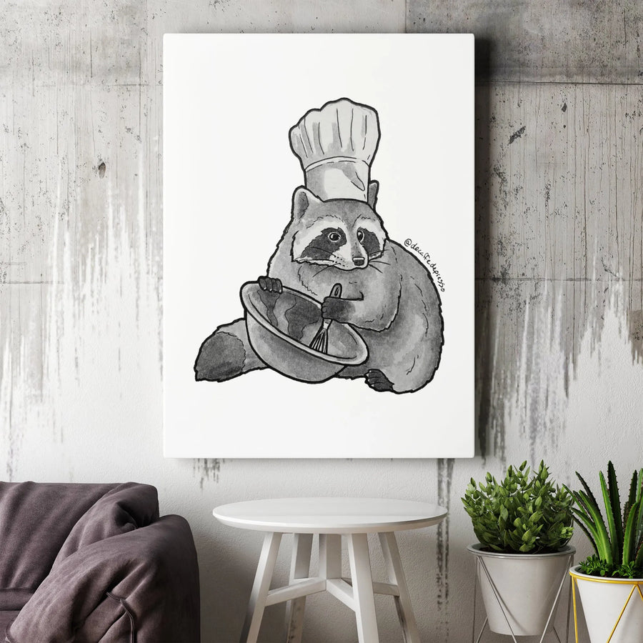 Raccoon Chef Canvas Art | Whimsical Animal Illustration | Premium Thick Canvas Print | Funny Kitchen Wall Decor Gift for Bakers