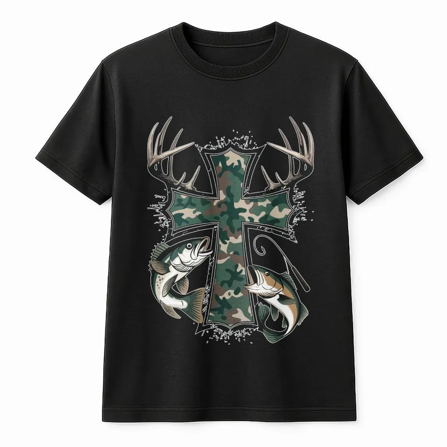 Camo Cross Hunting T-Shirt | Bass Fishing & Deer Antler Graphic | 100% Cotton Premium Tee | Outdoor Enthusiast Gift For Men & Women