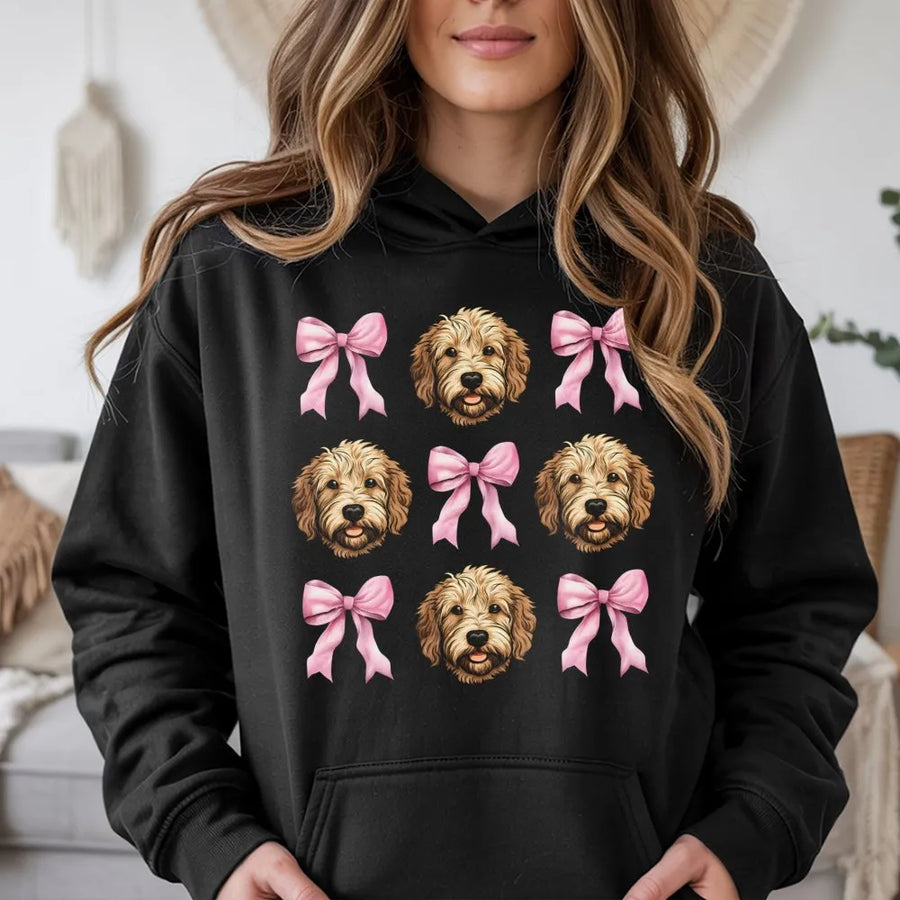 Goldendoodle Hoodie | Cute Pink Bow Dog Lover Design | Premium Cotton Blend | Aesthetic Dog Mom Sweatshirt Gift for Her